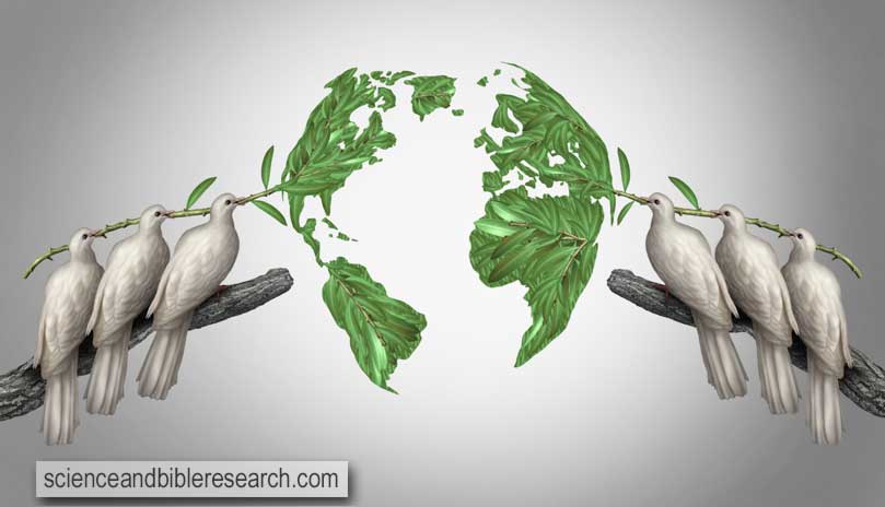 Global relations concept as a group of white peace doves holding olive branches coming together from the east and west to form a world map as a symbol for peace talks between nations (Photo by lightsource)