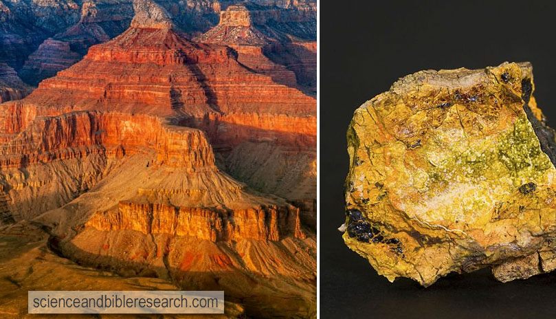 Grand Canyon national park (Photo by joebelanger) and Wolsendorfite from Bavaria, Germany with uranium, lead and calcium minerals (Photo by MarcelC)