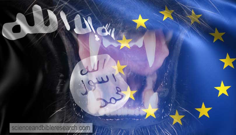 Islamic State flag with the European Union flag and black leopard fangs