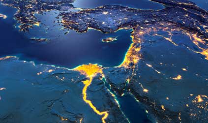 Earth with precise detailed relief and city lights illuminated by moonlight. Africa and Middle East. Elements of this image furnished by NASA (Photo by Antartis)