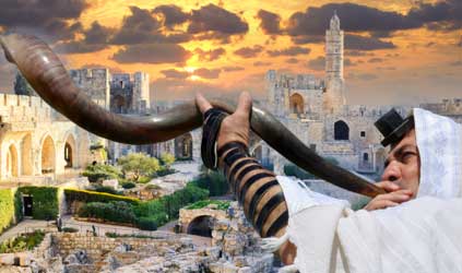 Tower of David, the courtyard of the Museum of Jerusalem (Photo by Yosef Er). Jewish man blows Shofar on the Jewish High Holidays of Rosh Hashanah and Yom Kippur (Photo by lucidwaters)