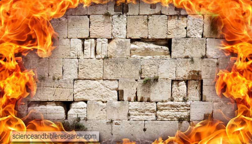 Western wall (Wailing Wall) in Jerusalem, Israel (Photo by Zoooom) with fire background (Photo by rastudio)