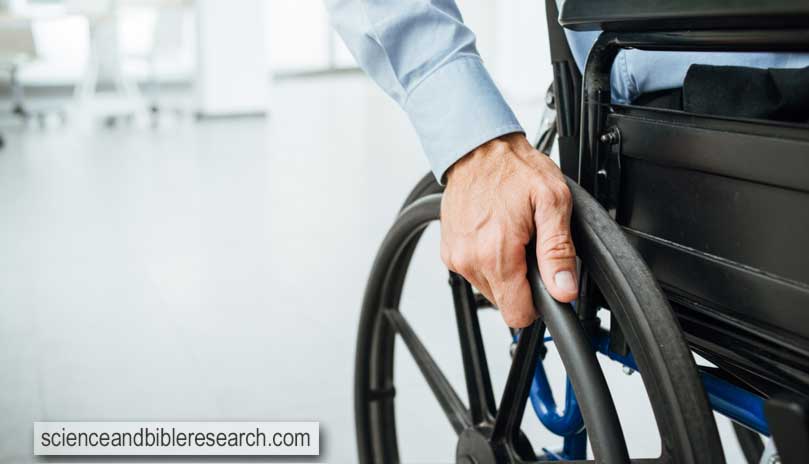 Businessman in wheelchair, hand on wheel close up, office interior on background (Photo by stockasso)